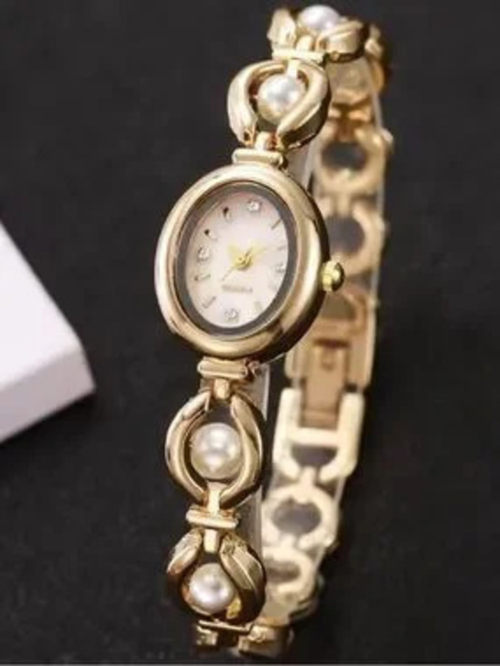 Gold Pearl Accent Women's Bracelet Watch